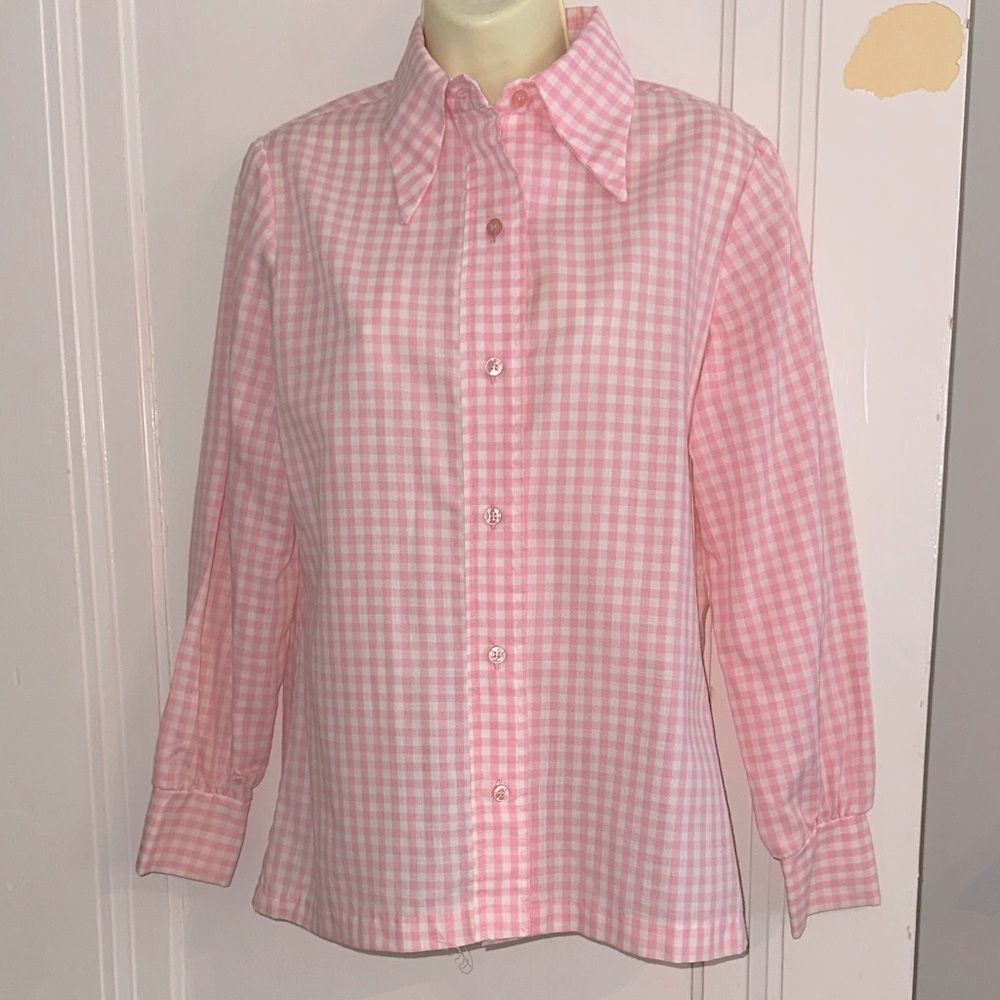 Vintage 70s Catherine Carr Pink & White Check Long Sleeve Polyester/Cotton Shirt